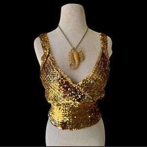 Vtg 70s Gold Sequin Tank Top M/L Surplice Stretch Crop Party Disco Boho EUC
